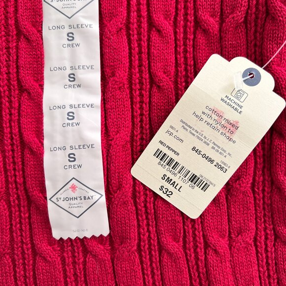 St. John's Bay Crew Neck Cable Knit Cotton Sweater Red Long Sleeve NEW Small - Picture 8 of 9